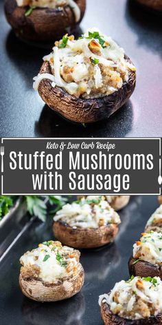 stuffed mushrooms with sausee on a baking sheet and in the background, there is a text overlay that reads keto easy curry recipe stuffed mushrooms with saus