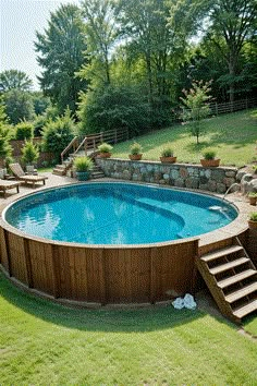 an above ground pool with steps leading up to it