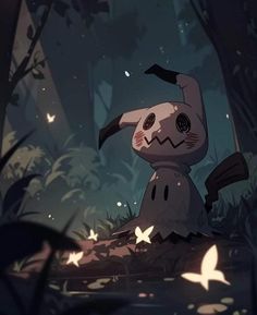 a cartoon rabbit sitting in the middle of a forest filled with leaves and butterflies at night