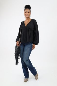 Elevate your evening elegance with our V-Neck Satin Blouse. Featuring luxurious balloon sleeves and a ruched, gathered waist that creates a flattering, slimming effect, this satin blouse is a must-have for dinner gatherings and nighttime adventures. Additional Information Style: Business Casual, Semi-Formal Features: Ruched, Ruffled, Slimming Effect Occasion: Date Night, Fancy, Night Out Length: Regular Neck Line: V Neck Sleeve Type: Balloon Sleeve, Long Sleeve Pattern: Solid Material & Care She Date Night Fancy, Style Business Casual, Evening Style, Flannel Jacket, Sleeve Pattern, Curvy Dress, Satin Blouse, Balloon Sleeves, Sleeves Pattern