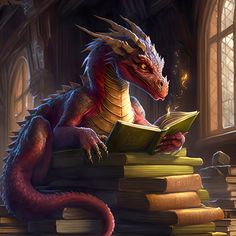 a dragon sitting on top of a pile of books