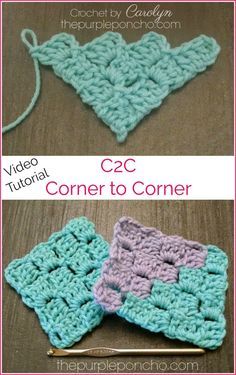 two crocheted squares with the words cc2 corner to corner