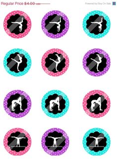 six stickers with different images of people doing various things in the shape of circles