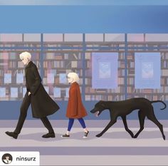 two people and a dog are walking in front of a bookcase with bookshelves