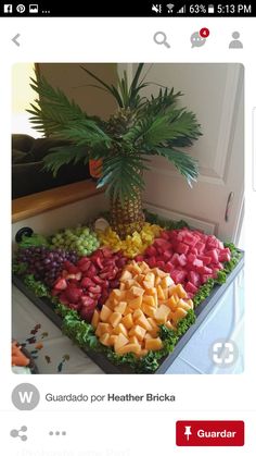 a bunch of different types of food on a table with a palm tree in the middle