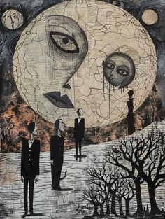 a painting with two people standing in front of a full moon and trees, one man is looking at the other