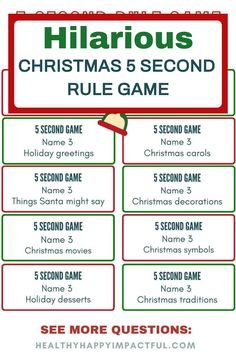 Hilarious Christmas-themed 5-second rule game card with categories like holiday greetings, Christmas carols, and things Santa might say. Christmas Children’s Party Games, Christmas Icebreakers For Adults, Name Three Things Game, Christmas Traditions Adults, Christmas Games For Family Top 10 Fun Party Ideas, Christmas Fill In The Blank Game, Christmas 5 Second Rule Game, 4th Grade Christmas Party Games, Christmas 5 Second Game