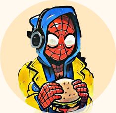 a drawing of a spider man eating a sandwich and listening to headphones on his ears