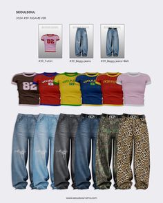 several different types of clothing are shown in this image, including jeans and t - shirts