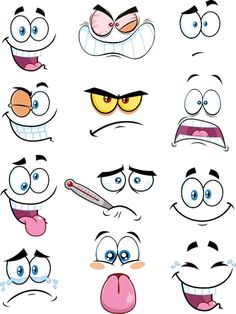 cartoon faces with different expressions and facial expressions, including eyes, nose, mouth, tongue,