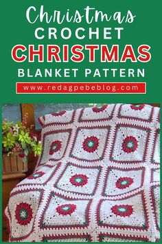 a crocheted christmas blanket is shown with the title