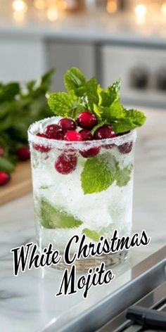 white christmas mojito with mint and cranberries in a glass on the counter