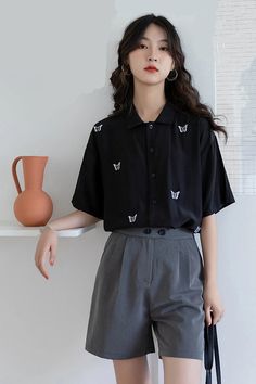 Butterfly Embroidered Button Up Shirt – Tomscloth Casual Embroidered Collared Shirt, Black Embroidered Collared Shirt, Embroidered Black Collared Shirt, Casual Embroidered Collared Tops, Black Collared Shirt With Floral Embroidery, Black Embroidered Top With Collar, Embroidered Tops With Relaxed Fit, Casual Embroidered Collar Blouse, Casual Black Shirt With Floral Embroidery