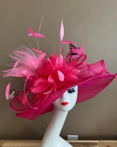 Three layers of sinamay hat with sinamay bow in hot pink and shades of pink feather flowers, elegant, light and comfortable to wear. Head size is about 22.5" unless otherwise requested. All hats include a sizing band to adjust for a comfortable fit.  Key Features: Wide brim Appr: 6" Head Grith Appr: 22.5" and adjustable to fit sizes smaller than 22.5" Crown Deep Appr: 4.5" Processing Time: 1-3 business days Warm tips:  ❤️Group discount on 3 or more pieces, please contact me for further information on group discount. ❤️All sales are final. Please contact me if you have any questions. Tea Hat, Feather Flowers, Tea Hats, Sinamay Hats, Wedding Tea, Feather Flower, Kentucky Derby Hat, Derby Hat, Pink Feathers