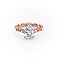 The Claudia RG PS Intricate Beading, Pear Cut Engagement Rings, Vintage Style Engagement Rings, Cute Engagement Rings, Engraved Ring, Lab Diamond Engagement Ring, Yellow Gold Setting, Hidden Halo, Marquise Diamond