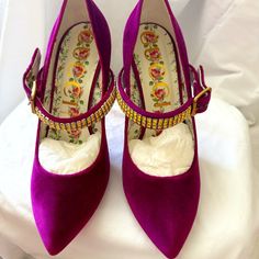 Luxurious And Stunning Fushcia Velvet Shoes With Gold Rhinestone Straps. Worn 1x Ever! Glamorous Gucci Ankle Strap Heels, Gucci Embellished High Heels, Gucci Embellished Evening Heels, Embellished Gucci Heels For Evening, Gucci Pink, Shoes Gucci, Velvet Shoes, Velvet Heels, Gold Rhinestone