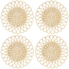 four round woven coasters in natural colors on a white background, set of 4