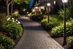 a walkway lit up at night in front of a house with flowers and trees on both sides