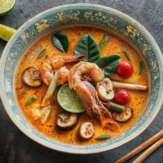 a close up of a bowl of food with shrimp and veggies in it