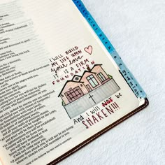 an open bible with the words i will make mine written on it and a house