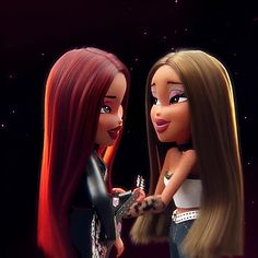 two cartoon girls are talking to each other in front of a dark background with stars