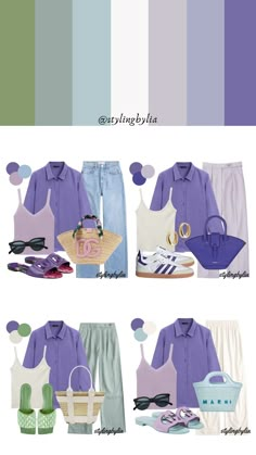 Lavender Casual Outfit, Capsule Wardrobe Purple, Periwinkle Outfit Color Combos, Purple Combination Outfits, Purple Color Combinations Outfit, Lavender Shirt Outfit, Purple Outfit Ideas Casual, Purple And Blue Outfit, Lavender Outfit Ideas