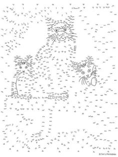 two cats are shown in the middle of a dot to dot game with numbers and letters