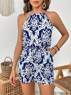 Blue and White Casual Collar Sleeveless Fabric Baroque Cami Embellished Non-Stretch  Women Clothing Beach Attire For Women, Cami Romper, Halter Romper, Printed Sleeveless Top, Romper Outfit, Summer Fashion Outfits, Casual Summer Outfits, Kids Beachwear, Fancy Dresses