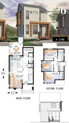 two story house plan with three levels and floor plans