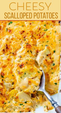 cheesy scalloped potatoes in a dish with a silver spoon Scalloped Potatoes On The Bbq, Scalloped Potatoes Sour Cream, Homemade Potatoes Au Gratin, Creamy Potato Gratin, I’ll Gratin Potatoes Recipe, Simple Au Gratin Potatoes, Homemade Potato Au Gratin, Creamy Au Gratin Potatoes All Recipes, Any Gratin Potatoes