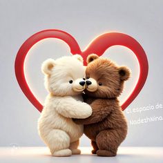 two teddy bears hugging each other in front of a heart