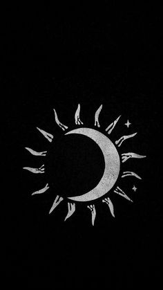 the moon and stars are drawn in white on a black background, with small birds flying around it