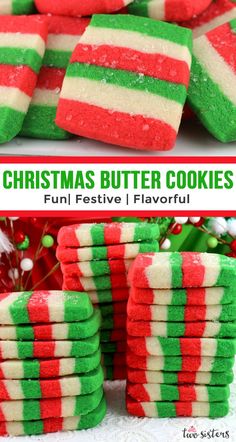 christmas butter cookies with red and green frosting on top are stacked up in the shape of candy canes