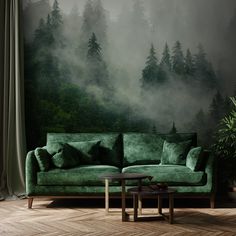 a green couch sitting in front of a forest wallpapered with fog and trees