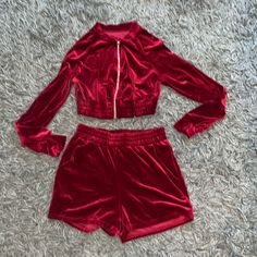 New In Package. Size Medium. Red Maroon. Long Sleeves. Cropped Jacket. Shorts Adjustable Waist. Velvet Track Suit, Suit Shorts, Track Suit, Red Maroon, Cropped Jacket, Crop Jacket, Shorts Set, Lady In Red, Short Sets