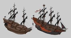 an image of two ships that are in the ocean together and one is brown with black sails