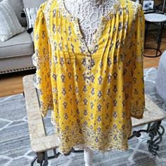 New Without Tags And A Must Add To Any Boho Closet. Poly/Spandex Blend. Measures 27" Top Of Shoulder To Hemline X 23" Pit To Pit X 19" Sleeve Length. Smoke Free Ty For Poking In My Closet Xx Stretch Yellow Tops With Floral Print, Flowy Yellow Blouse For Vacation, Yellow Flowy Casual Blouse, Flowy Yellow Tops For The Beach, Casual Flowy Yellow Blouse, Flowy Yellow Tops For Beach, Flowy Yellow Casual Blouse, Yellow Flowy Bohemian Tops, Yellow Stretch Long Sleeve Blouse