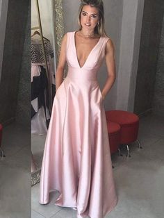 A Line Silk Dress, Silk Dress V Neck, Pink Satin Prom Dress, Halter Ball Gown, Embellished Prom Dress, Prom Dresses With Pockets, Princess Sleeves, Prom Dresses Sleeveless, Backless Prom Dresses