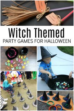 a collage of halloween games for kids with witches, witch hats and other items