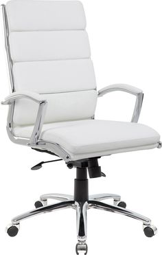 a white office chair with chrome legs and armrests on an isolated white background