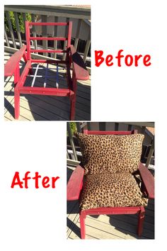 before and after photos of a red bench with leopard print seat cover on it, then upholstered