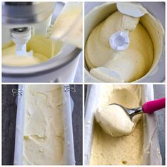 four pictures showing how to make ice cream in a food processor