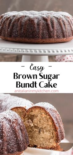 an easy brown sugar bundt cake is cut in half