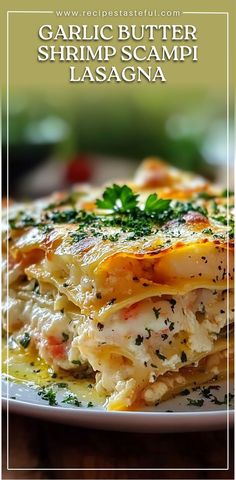 garlic butter shrimp lasagna on a white plate