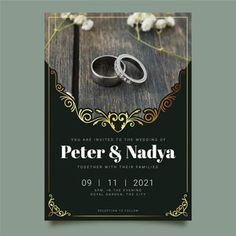 wedding card with two rings and flowers