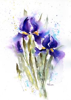 watercolor painting of purple irises on white paper with blue and yellow paint splatters