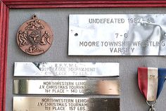 some medals are on display in a red frame with silver and blue ribbons around them