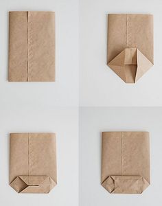 four different views of an origami envelope with paper folded in the shape of a rectangle