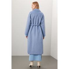 Blue heavy needle knit (50% Wool, 50% Polyester). Coat. Long sleeves. Collar. Tie closure. 53.5" from shoulder to hemline. Imported. Oversized Blue Solid Outerwear, Oversized Blue Solid Color Outerwear, Oversized Blue Outerwear With Solid Color, Oversized Wool Outerwear In Solid Color, Casual Wool Outerwear For Daywear, Oversized Wool Sweater Coat For Spring, Blue Winter Outerwear For Daywear, Oversized Long Blue Outerwear, Chic Blue Outerwear For Daywear