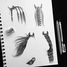 pencil drawings of different types of hair and hairstyles on a sheet of paper